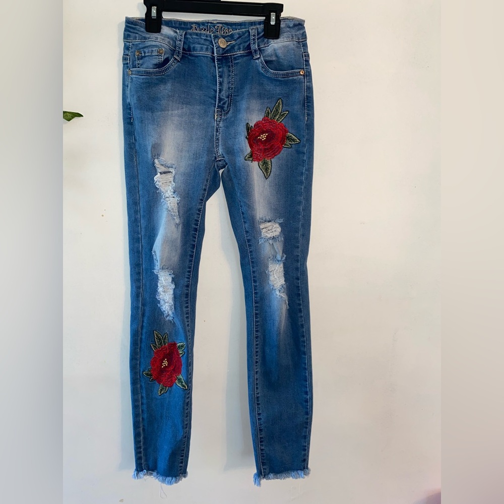 Blue Distressed Floral Jeans by Puzzle Jeans